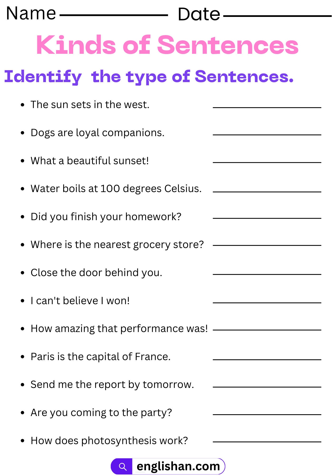 Kinds Of Sentences Worksheets And Exercises With Answers Worksheets Library