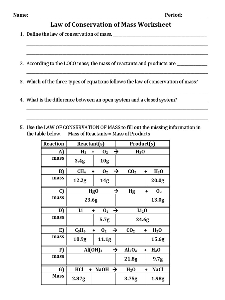 Law Of Conservation Of Mass WKST PDF Properties Of Water Worksheets Library