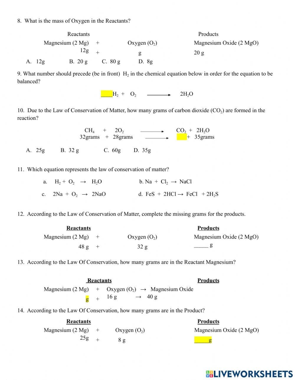 law of conservation of mass worksheet law of conservation of mass worksheet