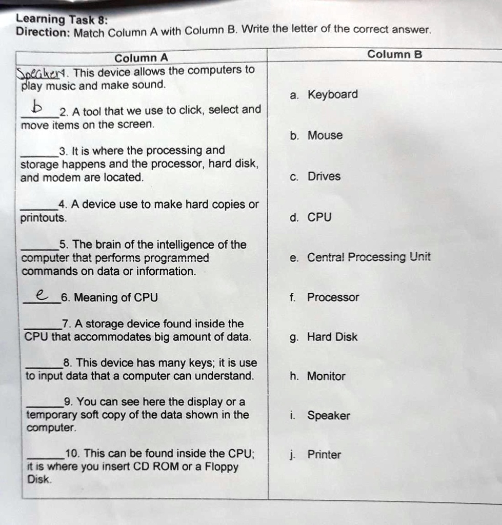 Learning Task 8 Direction Match Column A With Column B Write The Letter Of The Correct