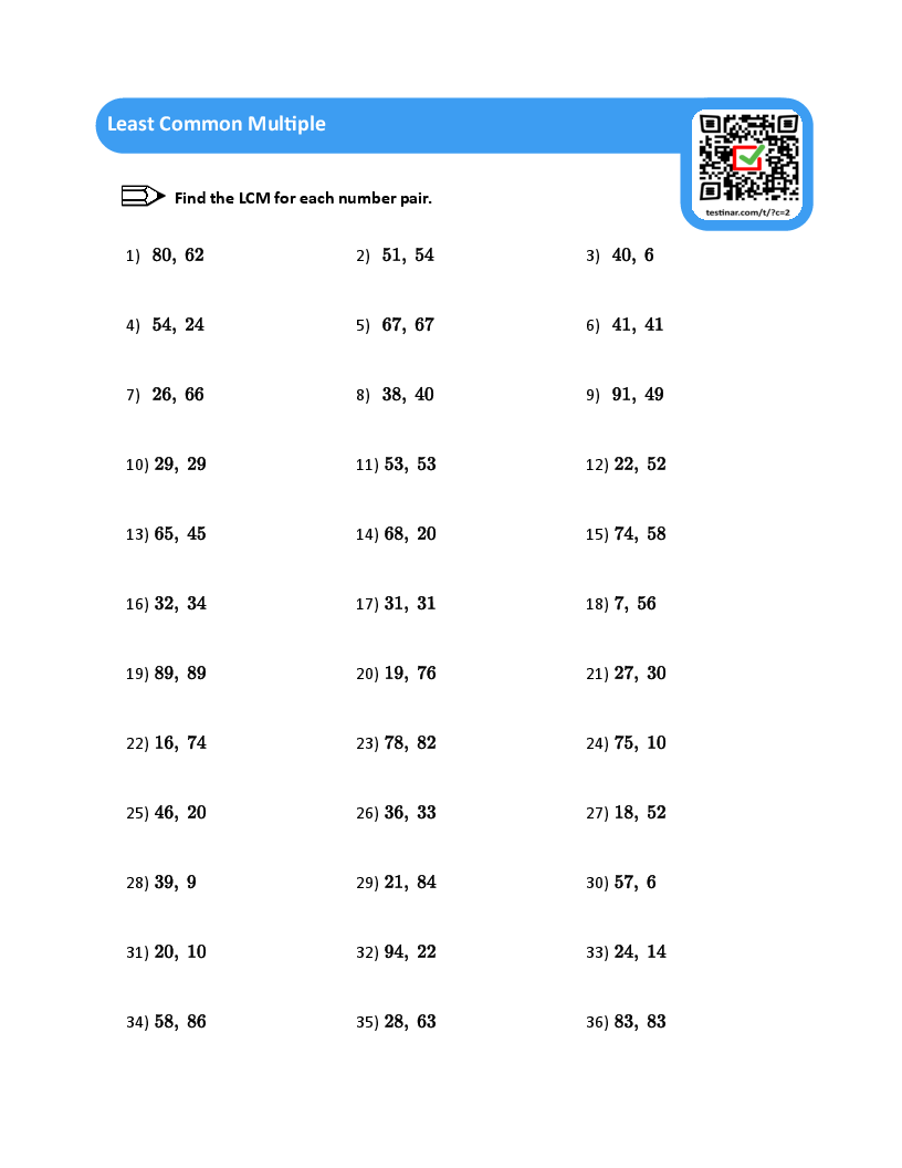 Least Common Multiple Worksheets Least Common Multiple Worksheets