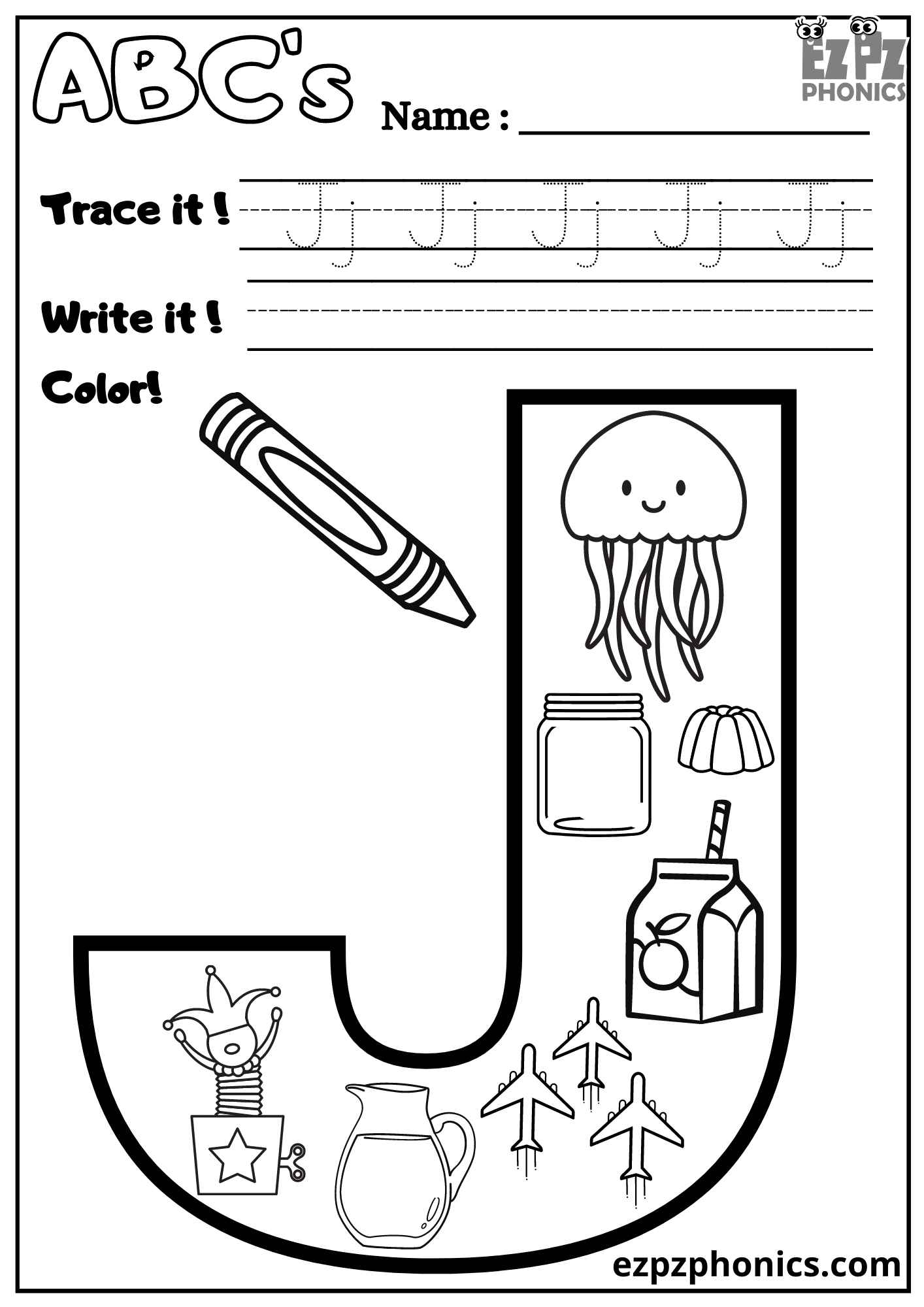 Letter J Trace Write And Color Ezpzphonics