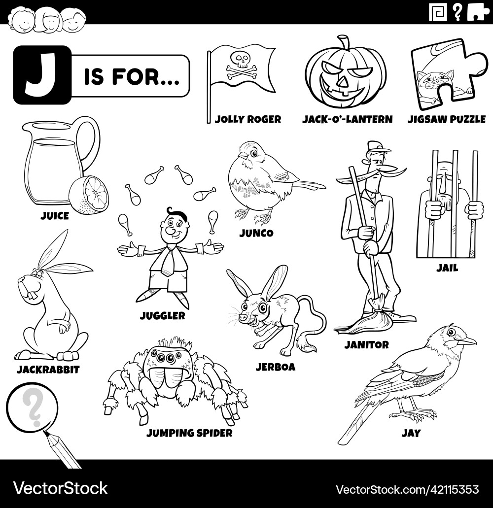 Letter J Words Educational Set Coloring Book Page Vector Image Letter J Words Educational Set Coloring Book Page Vector Image