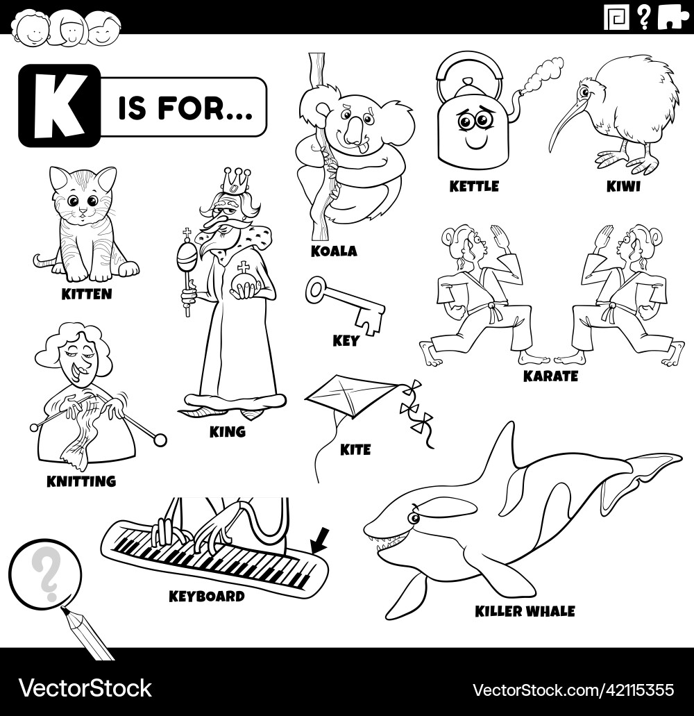 Letter K Coloring Page Kids Activity Royalty Free Vector