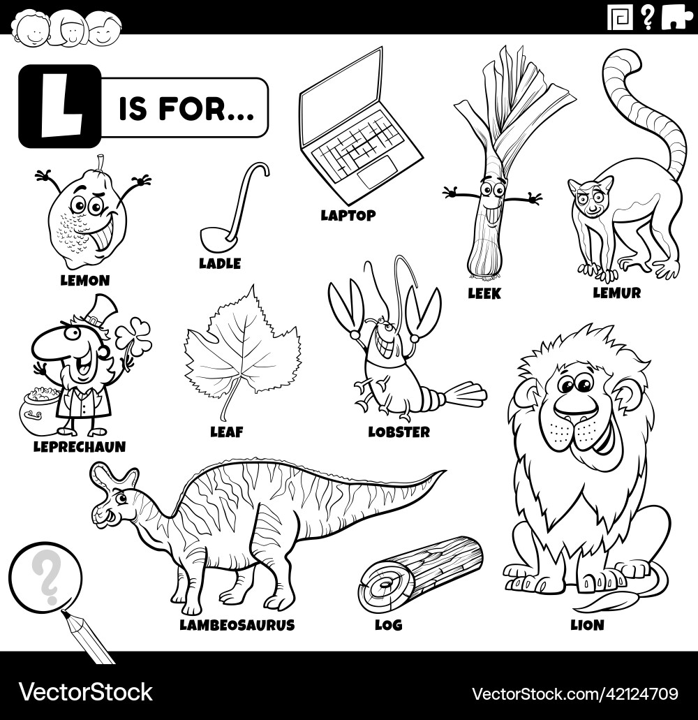 Letter L Words Educational Set Coloring Book Page Vector Image Letter L Words Educational Set Coloring Book Page Vector Image