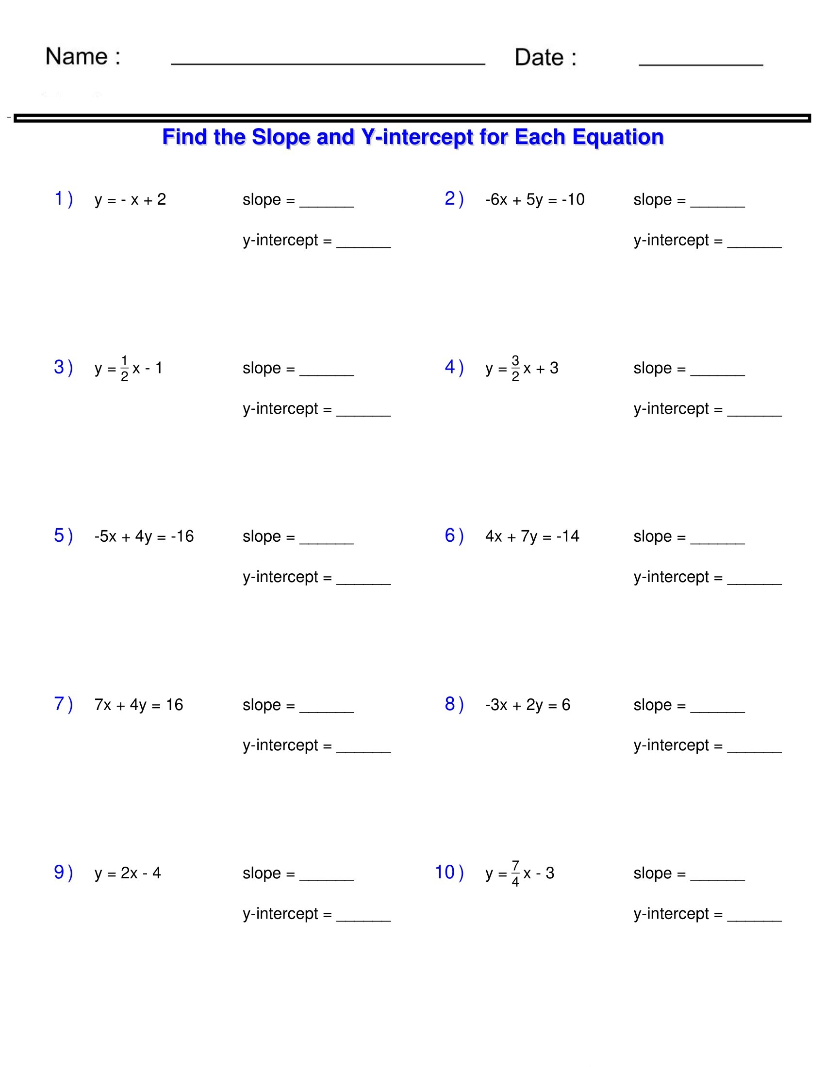 Linear Functions Finding Slope And Y intercept From An Equation Worksheets Made By Teachers