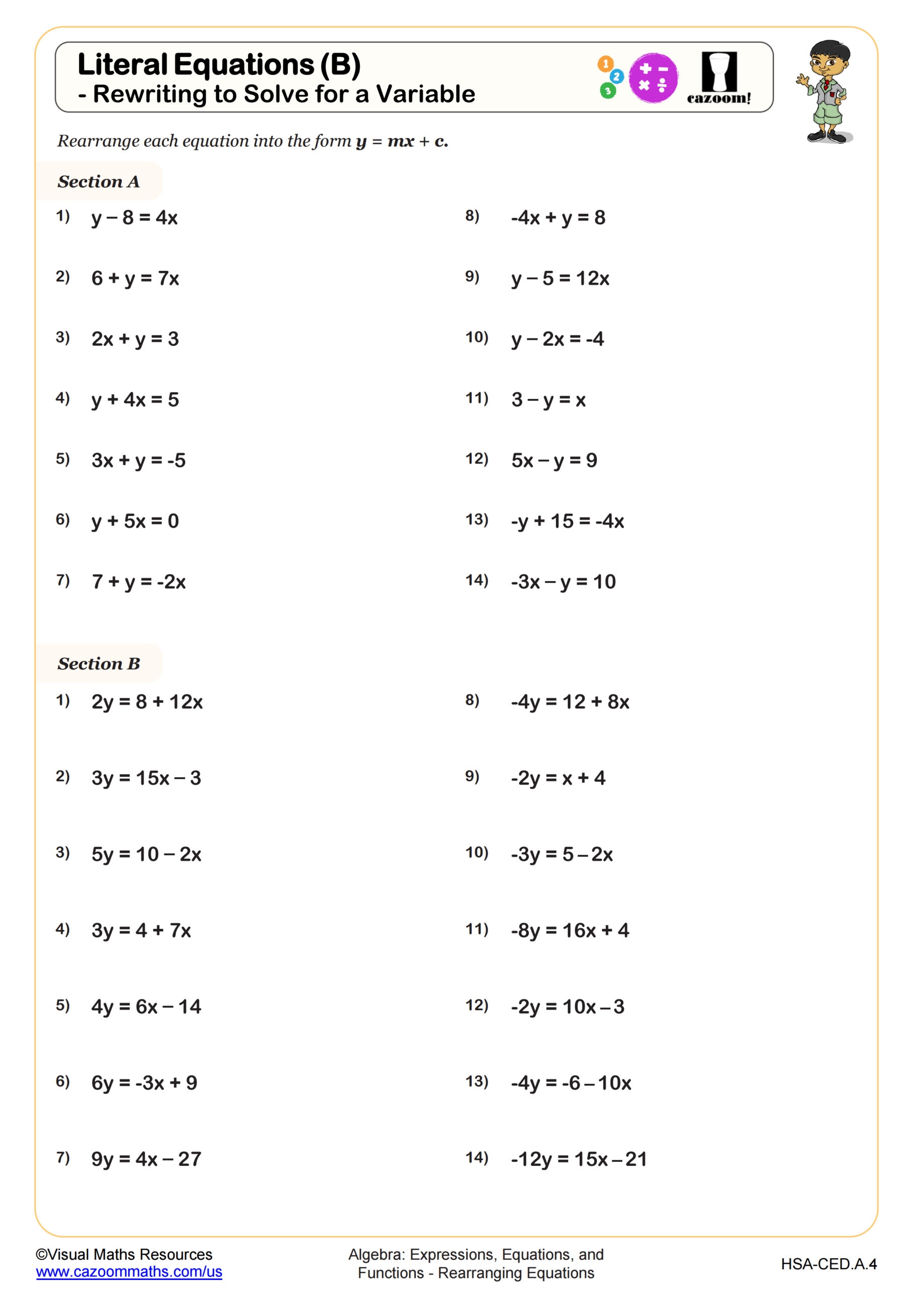 Literal Equations B Rewriting To Solve For A Variable Worksheet PDF Printable Algebra Worksheet Cazoom Math Literal Equations B Rewriting To Solve For A Variable Worksheet PDF Printable Algebra Worksheet Cazoom Math