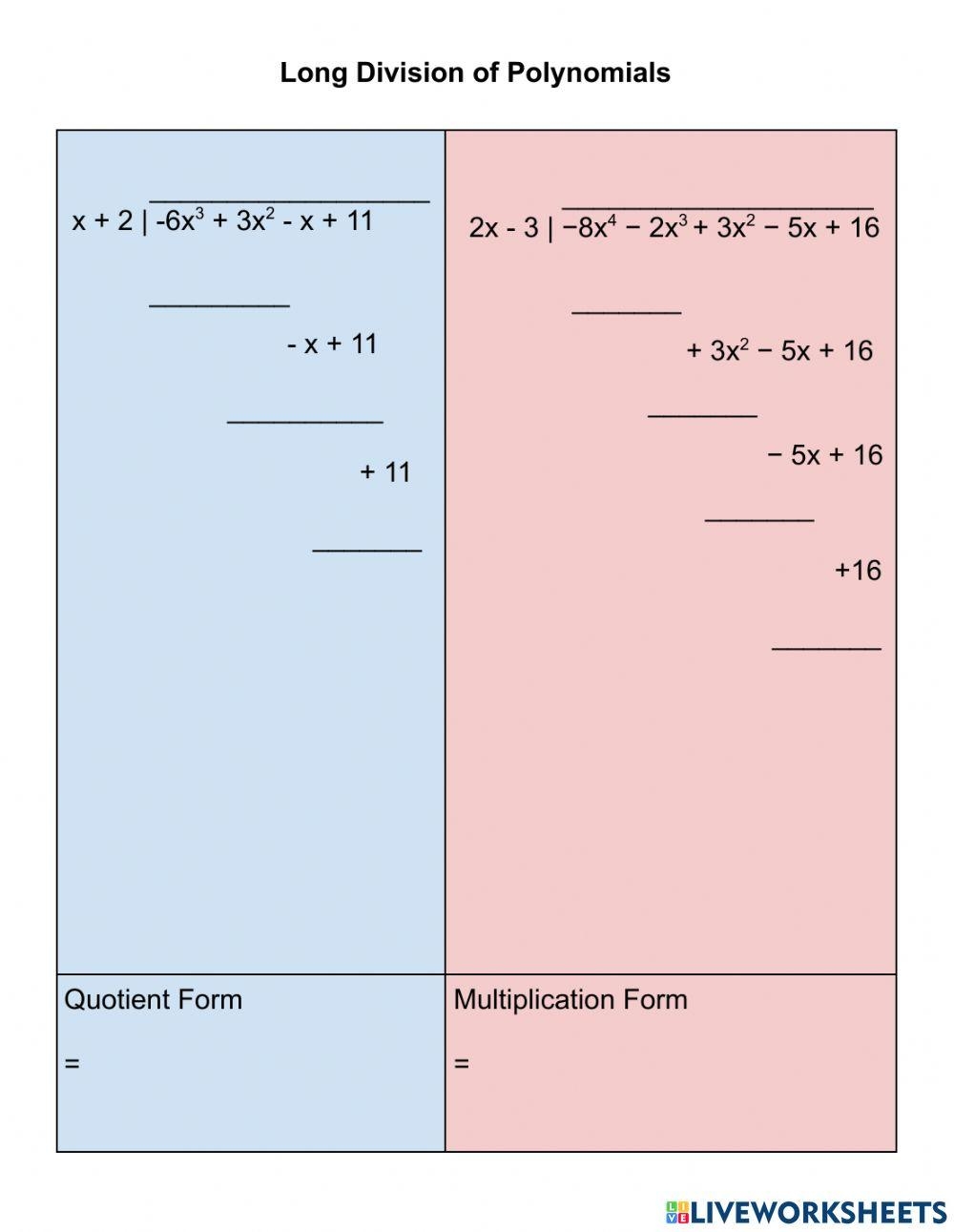 Long Division Of Polynomials Interactive Worksheet Live Worksheets Worksheets Library
