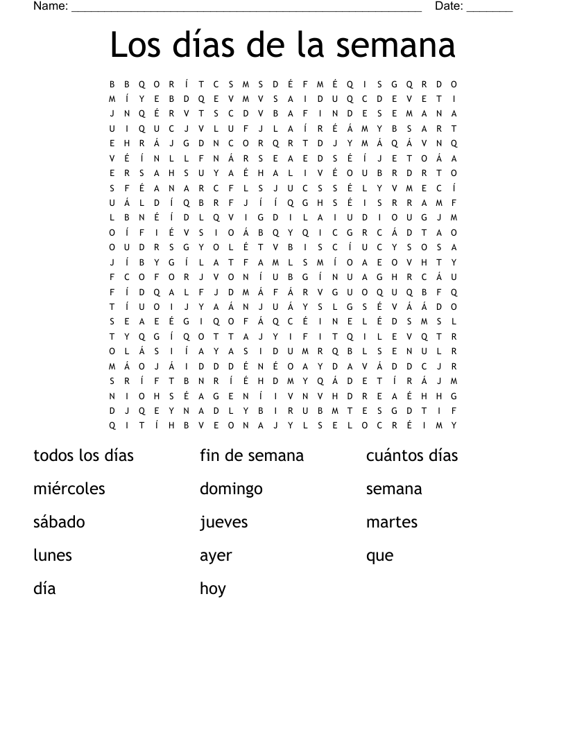 Los D as De La Semana Word Search WordMint