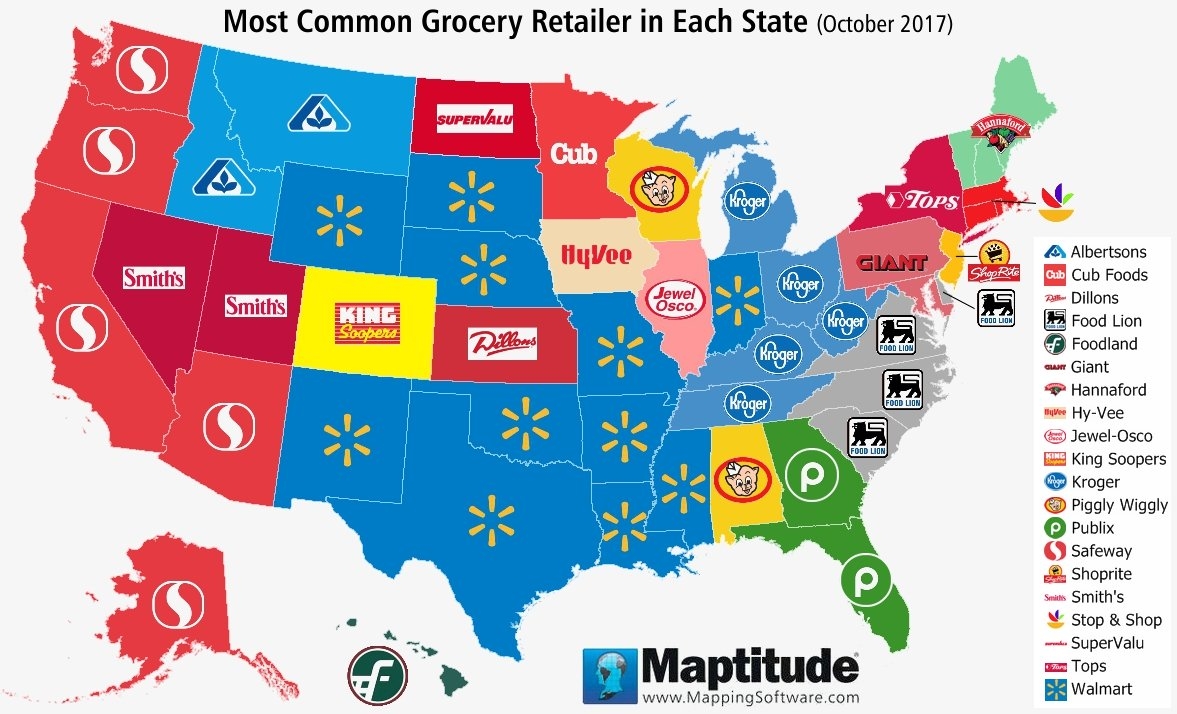 Maptitude Map Most Common U S Grocery Chain By State