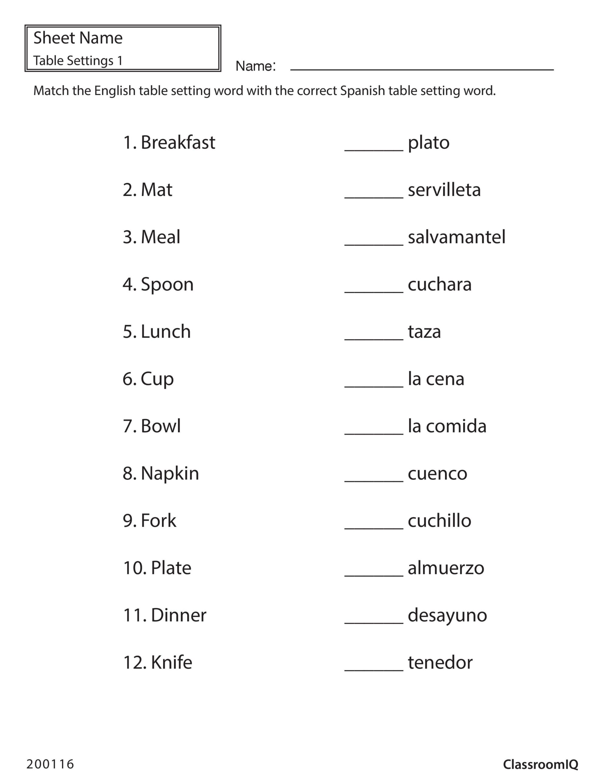 Match From Spanish To English Worksheet WordMint Worksheets Library