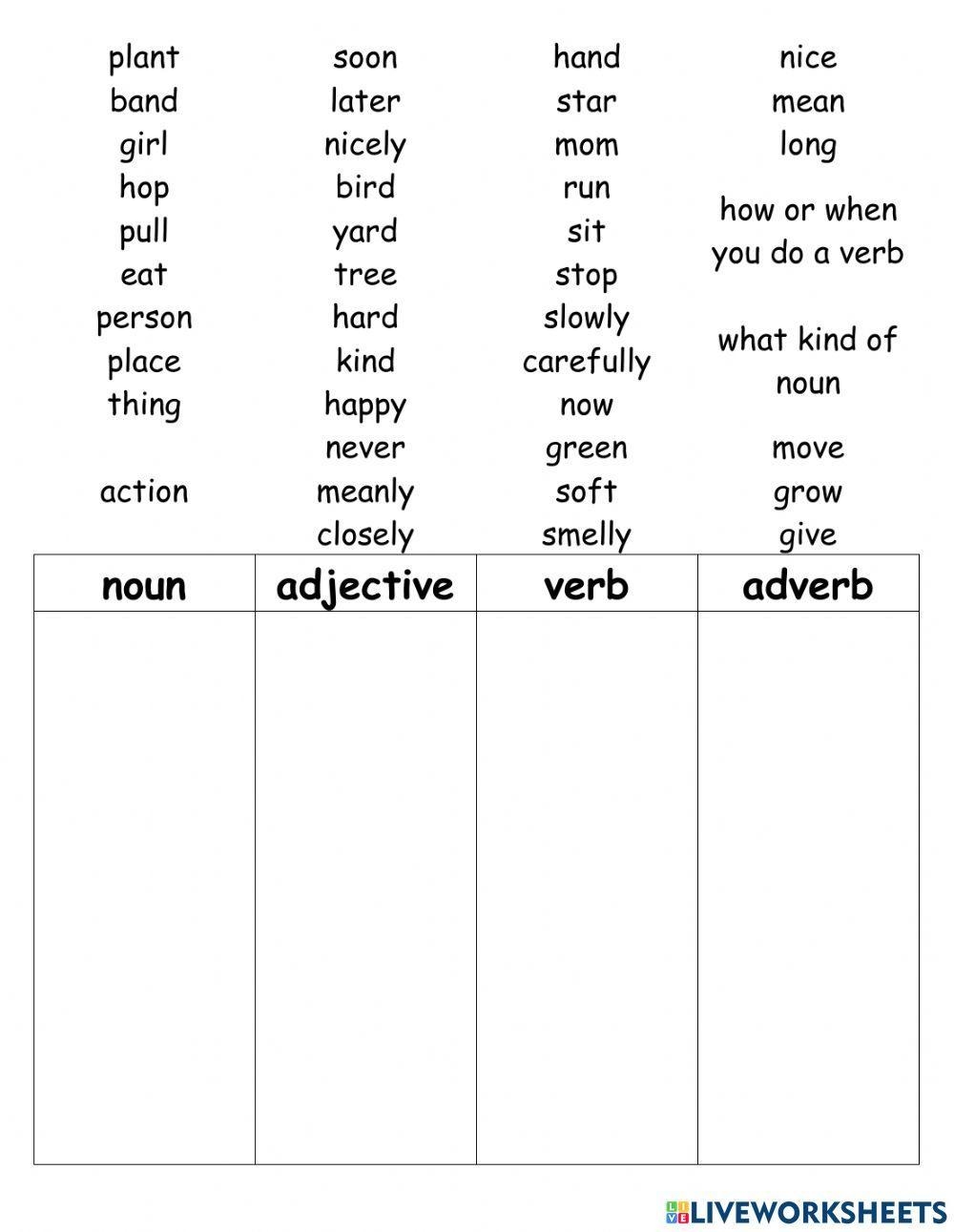 Match Nouns Verbs Adverbs And Adjectives Worksheet Live Worksheets Library
