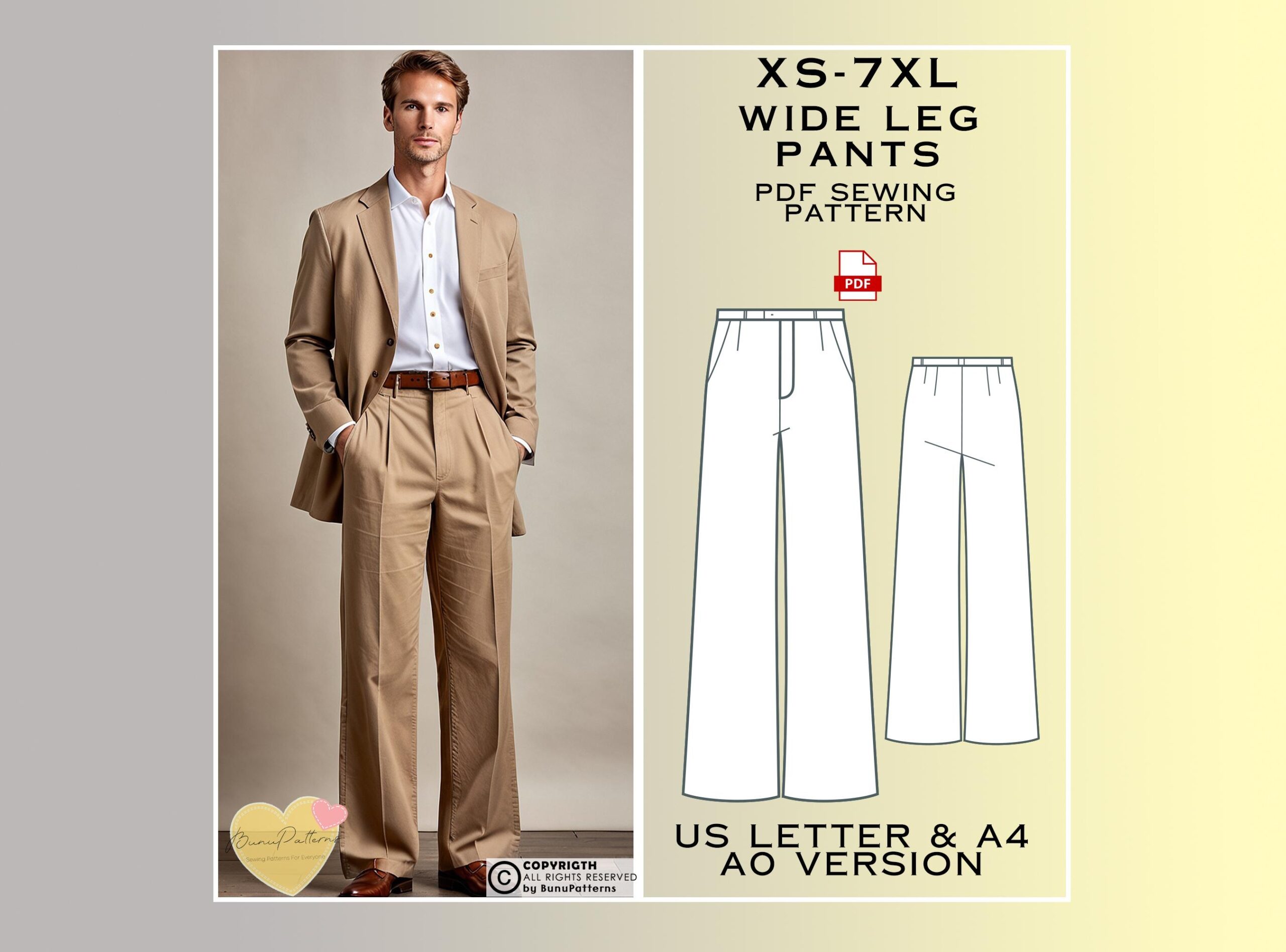 Men s Wide Leg Pants Sewing Pattern Classic Trousers XS 7XL PDF Pattern Etsy Israel