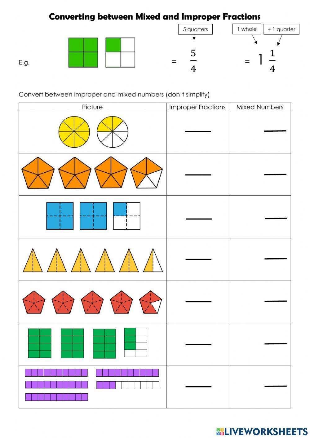 improper fraction to mixed number worksheet