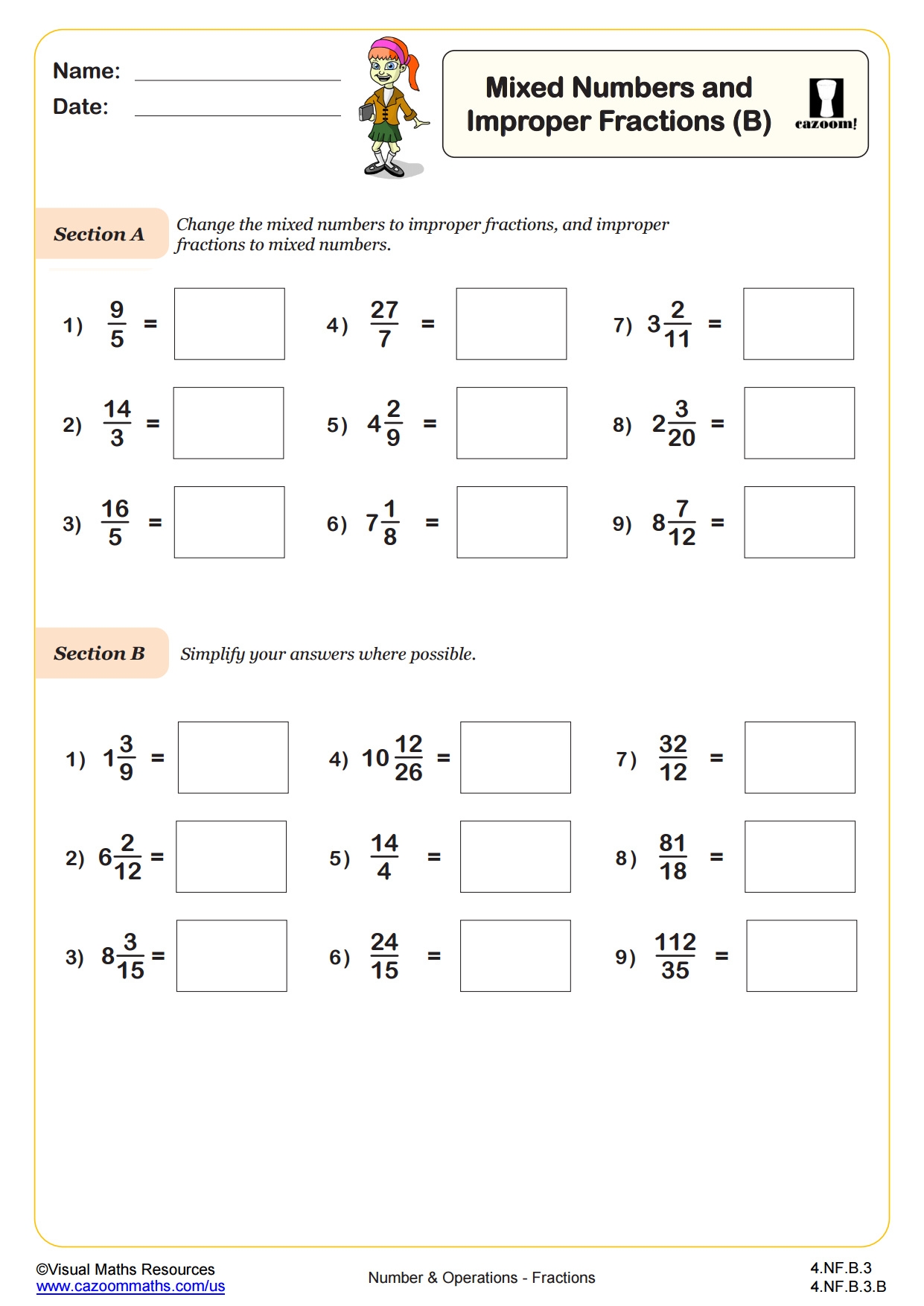 Mixed Numbers Improper Fractions B 4th Grade PDF Number And Operations Worksheets Cazoom Math