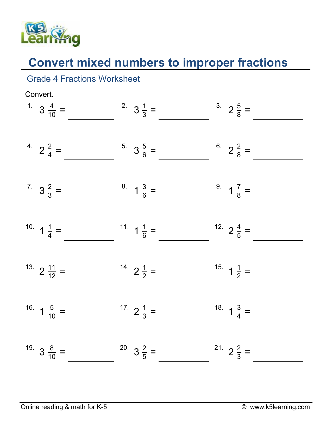 mixed number to improper fraction worksheet