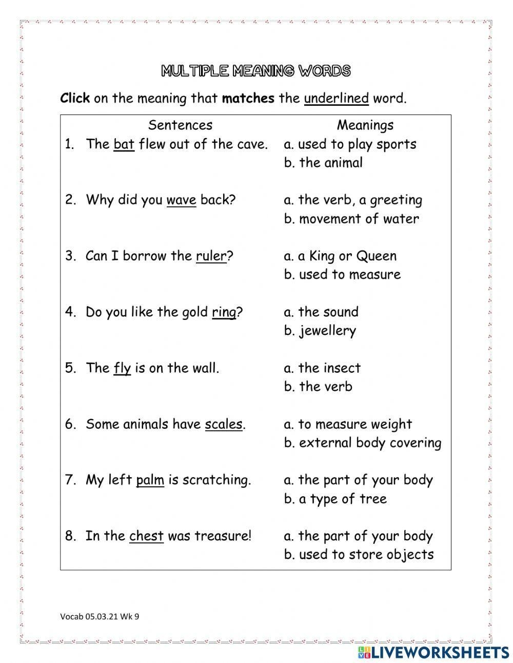 Multiple Meaning Words Online Activity Live Worksheets Worksheets Library