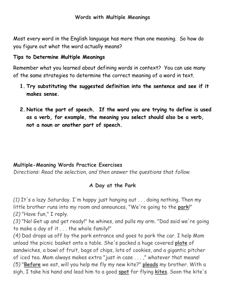 Multiple Meaning Words Worksheet Practice Exercises Multiple Meaning Words Worksheet Practice Exercises