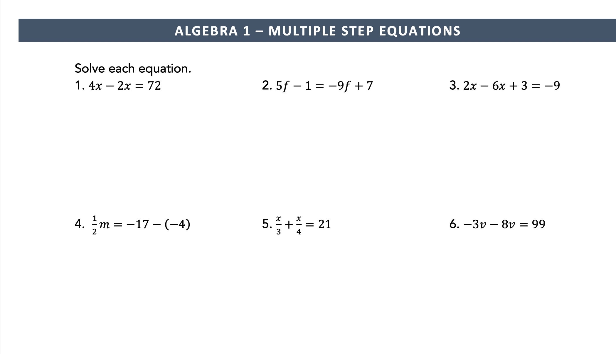 worksheet on multi step equations