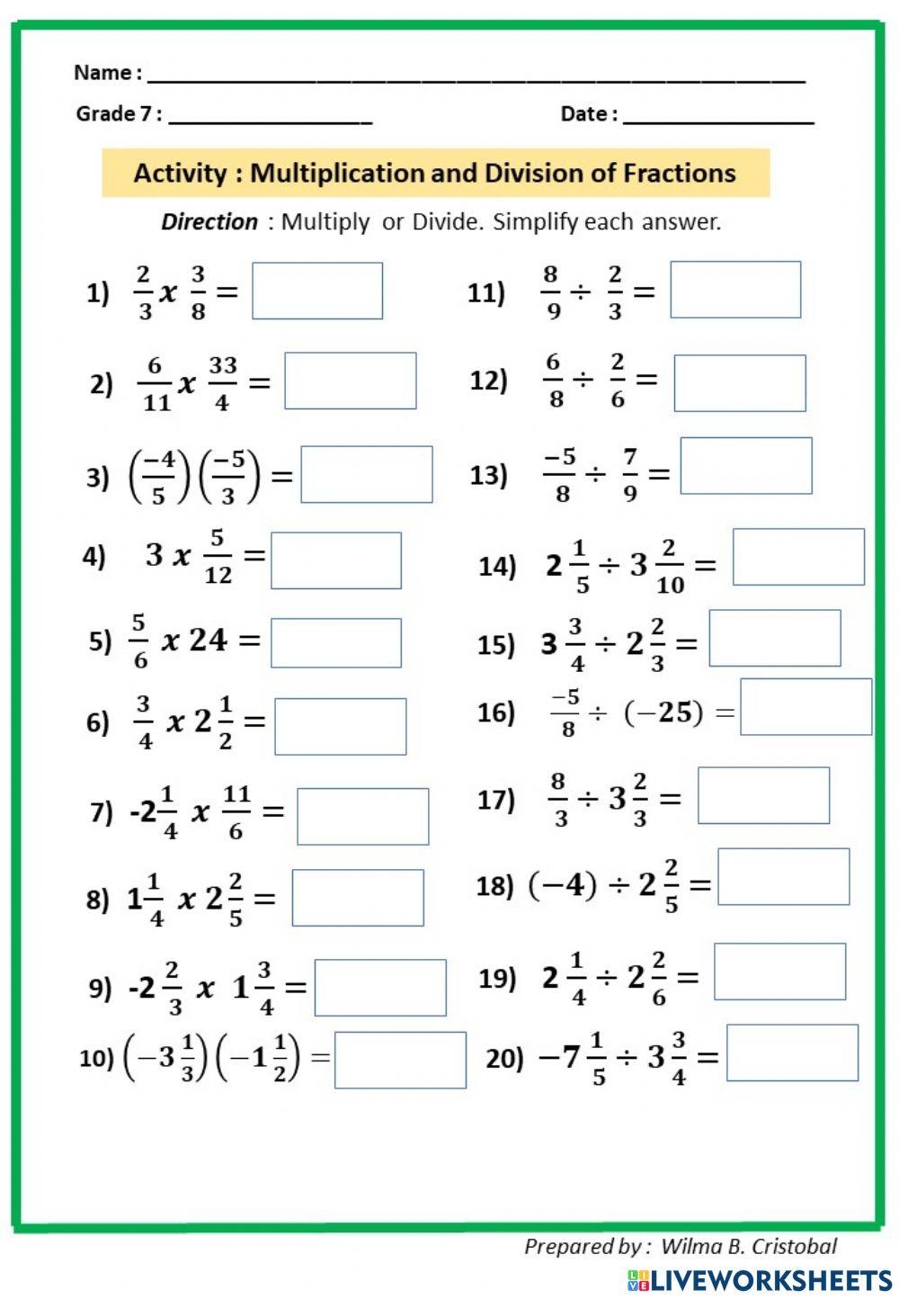 Multiplication And Division Of Fractions Activity Worksheet Live Worksheets Library