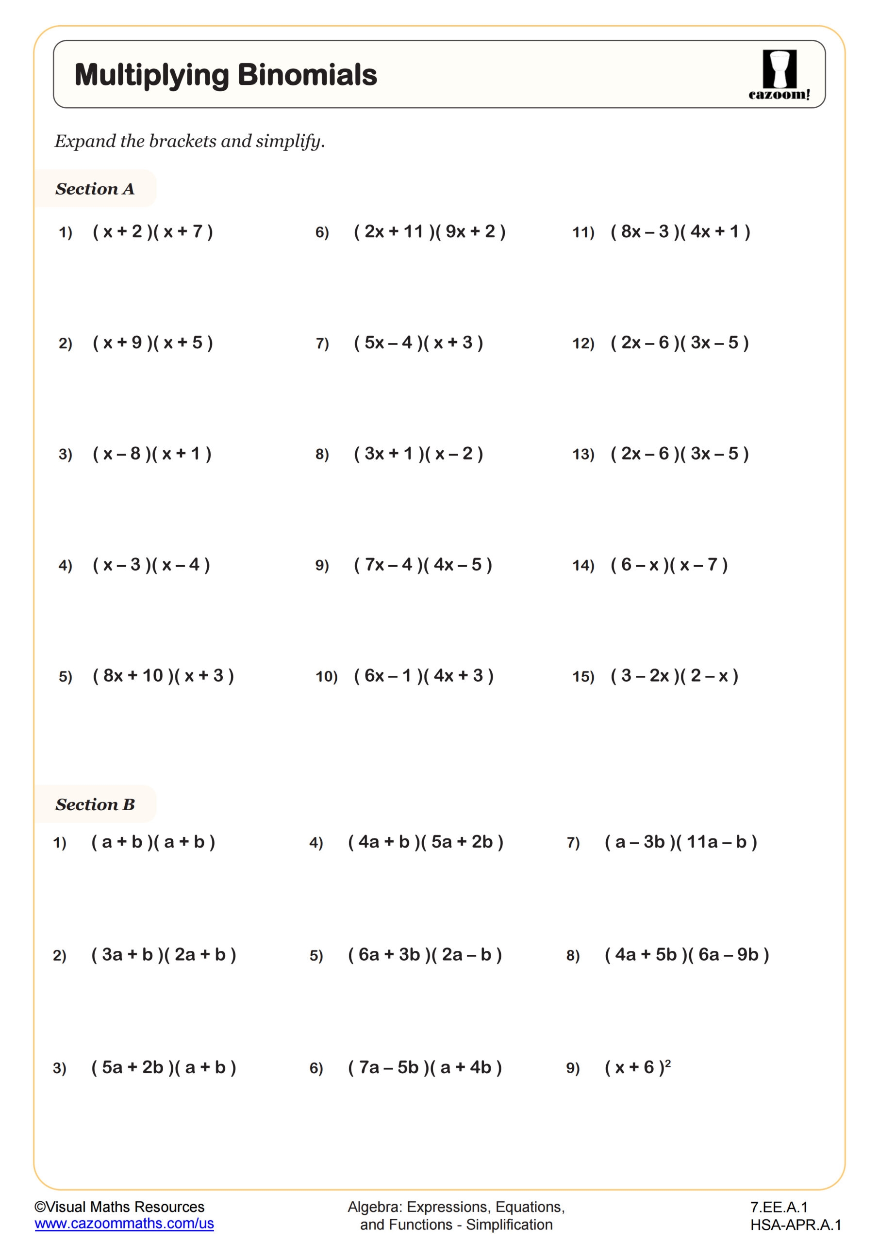 Multiplying Binomials Worksheet PDF Printable Algebra Worksheet Cazoom Math