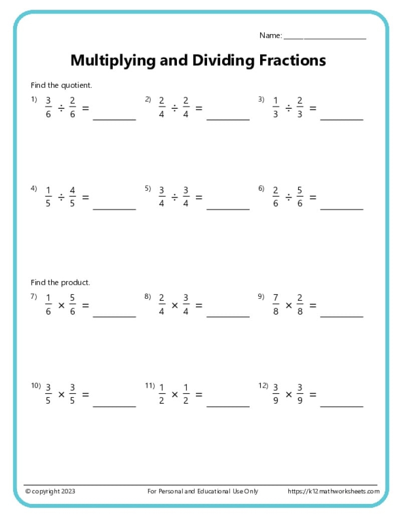 Multiplying Fractions Worksheets