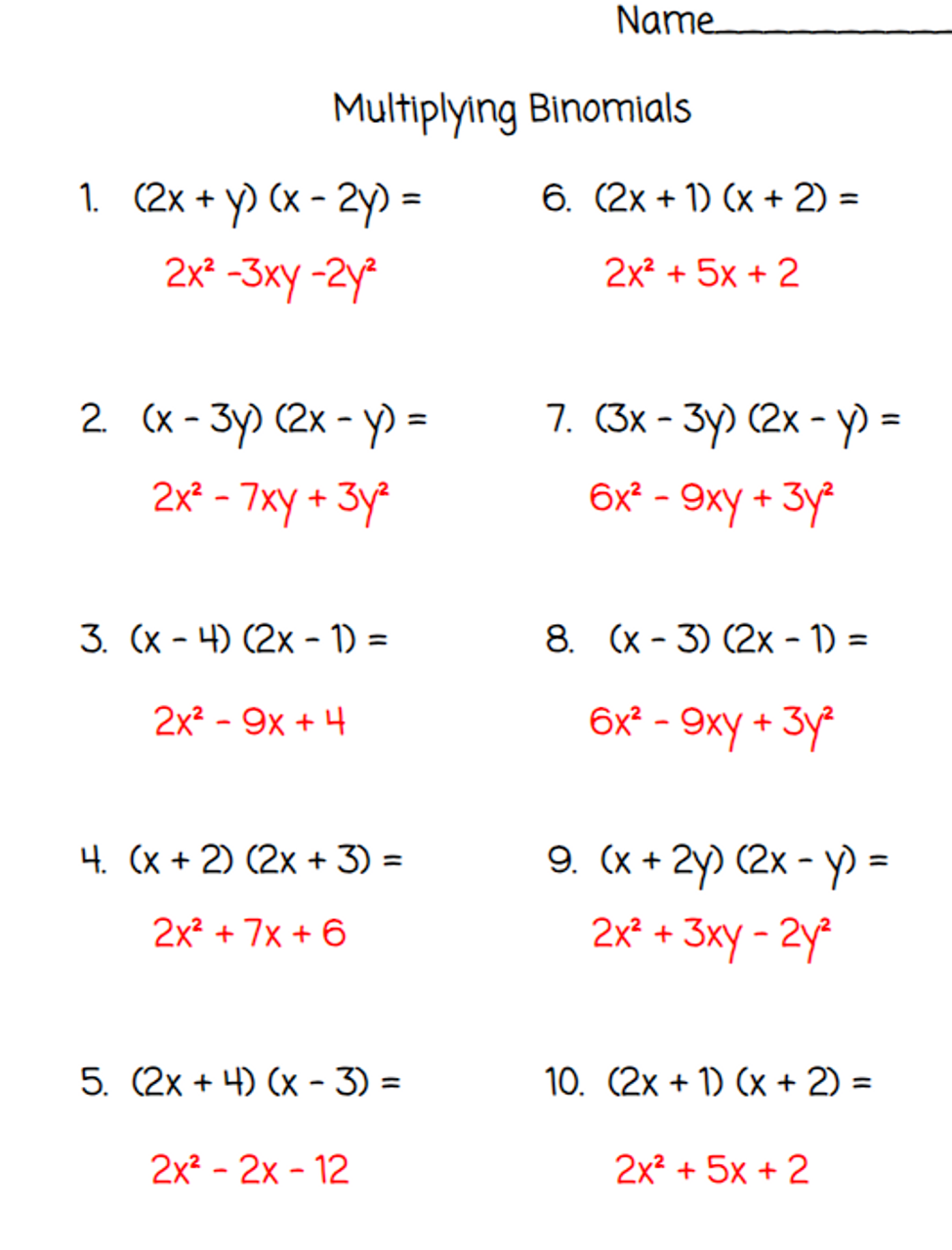 Multiplying Monomials FOIL Method Worksheets Library Worksheets Library