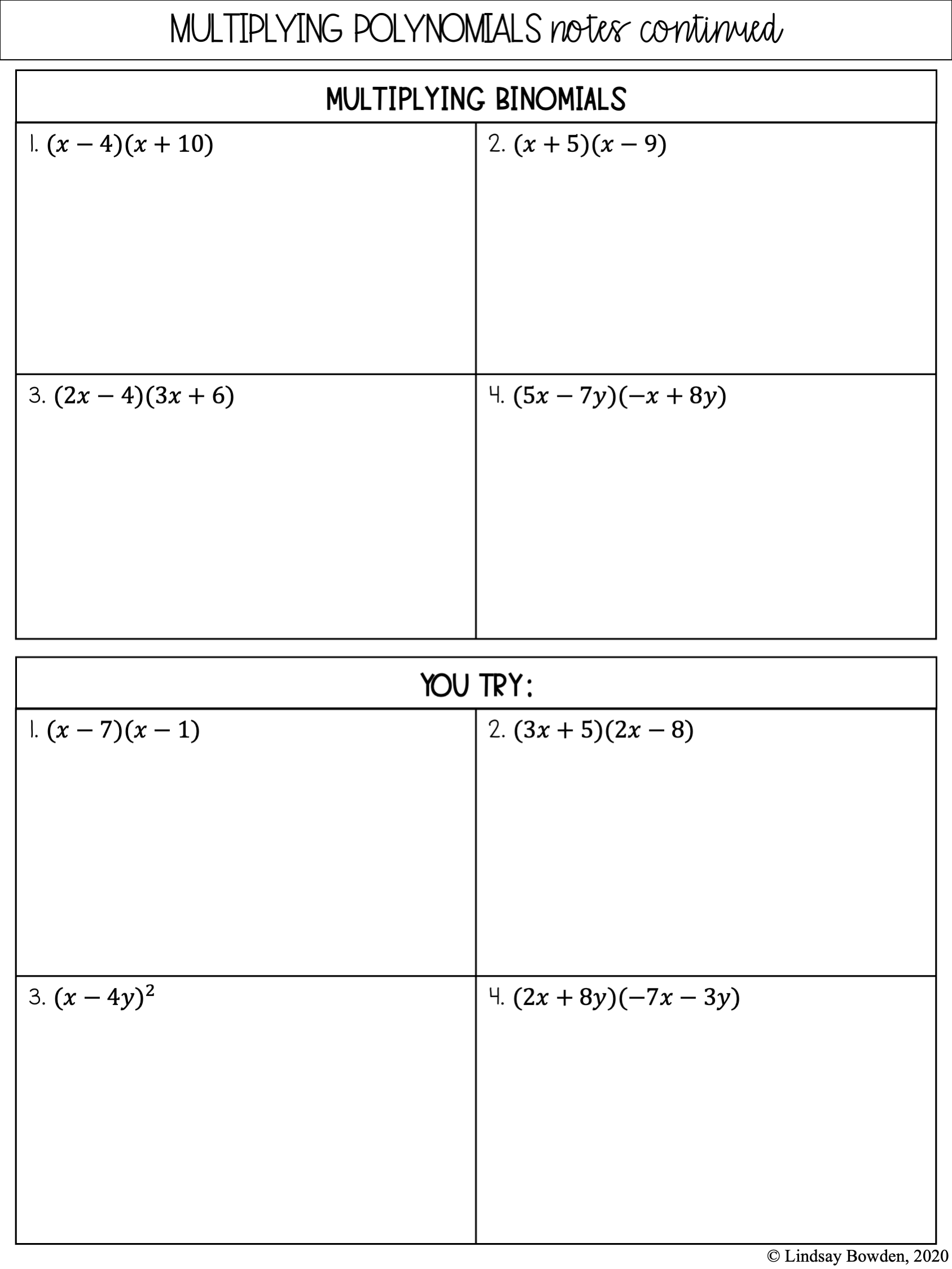 Multiplying Polynomials Notes And Worksheets Lindsay Bowden Worksheets Library