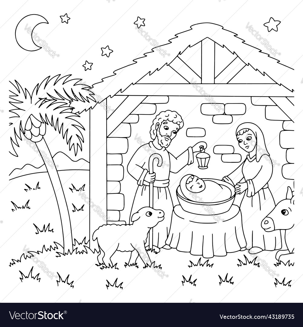 Nativity Scene Coloring Book Page For Kids Vector Image