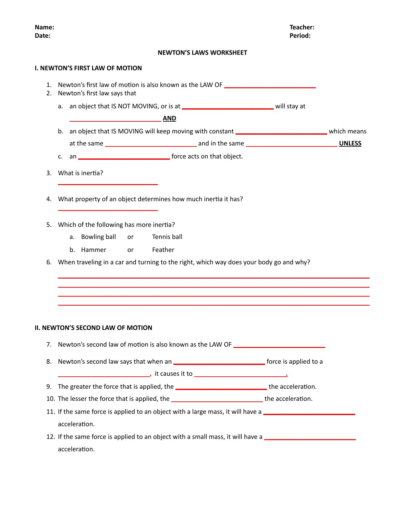 newton's laws of motion worksheet