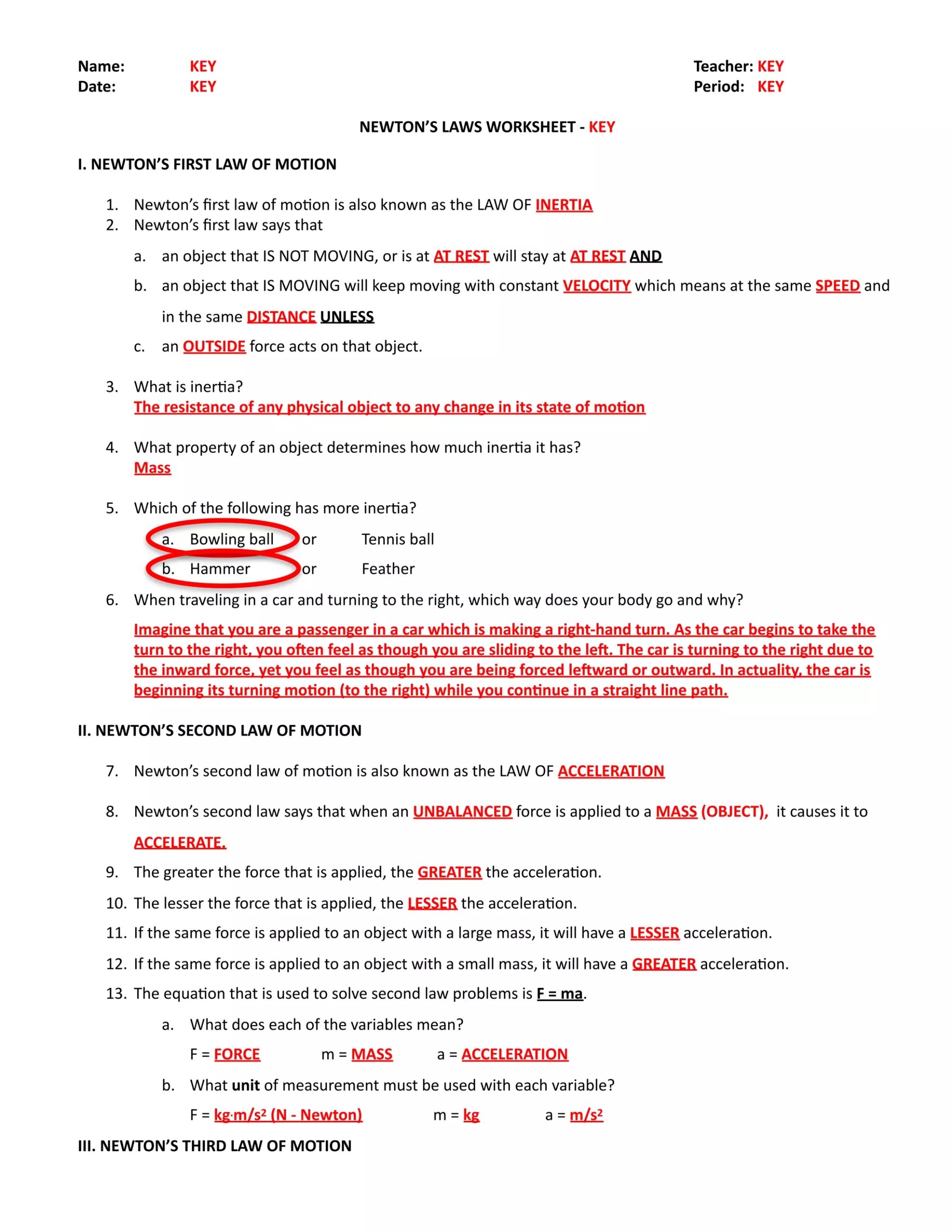 Newtons Laws Worksheet KEY pdf
