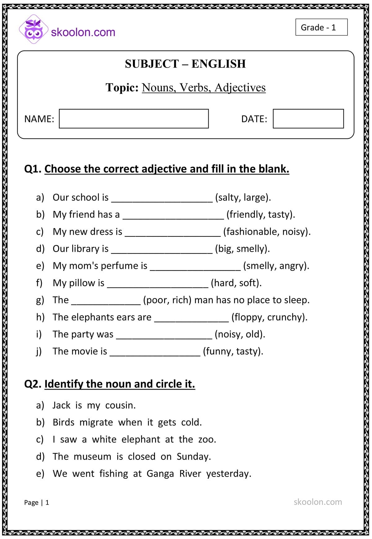Nouns Verbs Adjectives Skoolon Worksheets Library