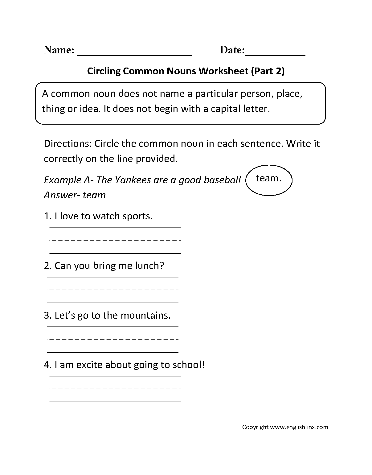 worksheet of common noun and proper noun