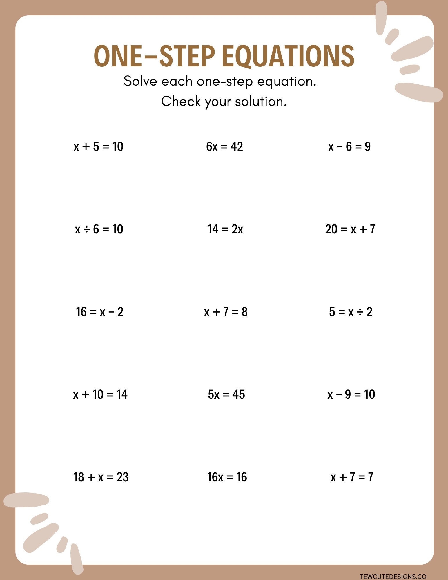 One Step Equations Worksheets Etsy