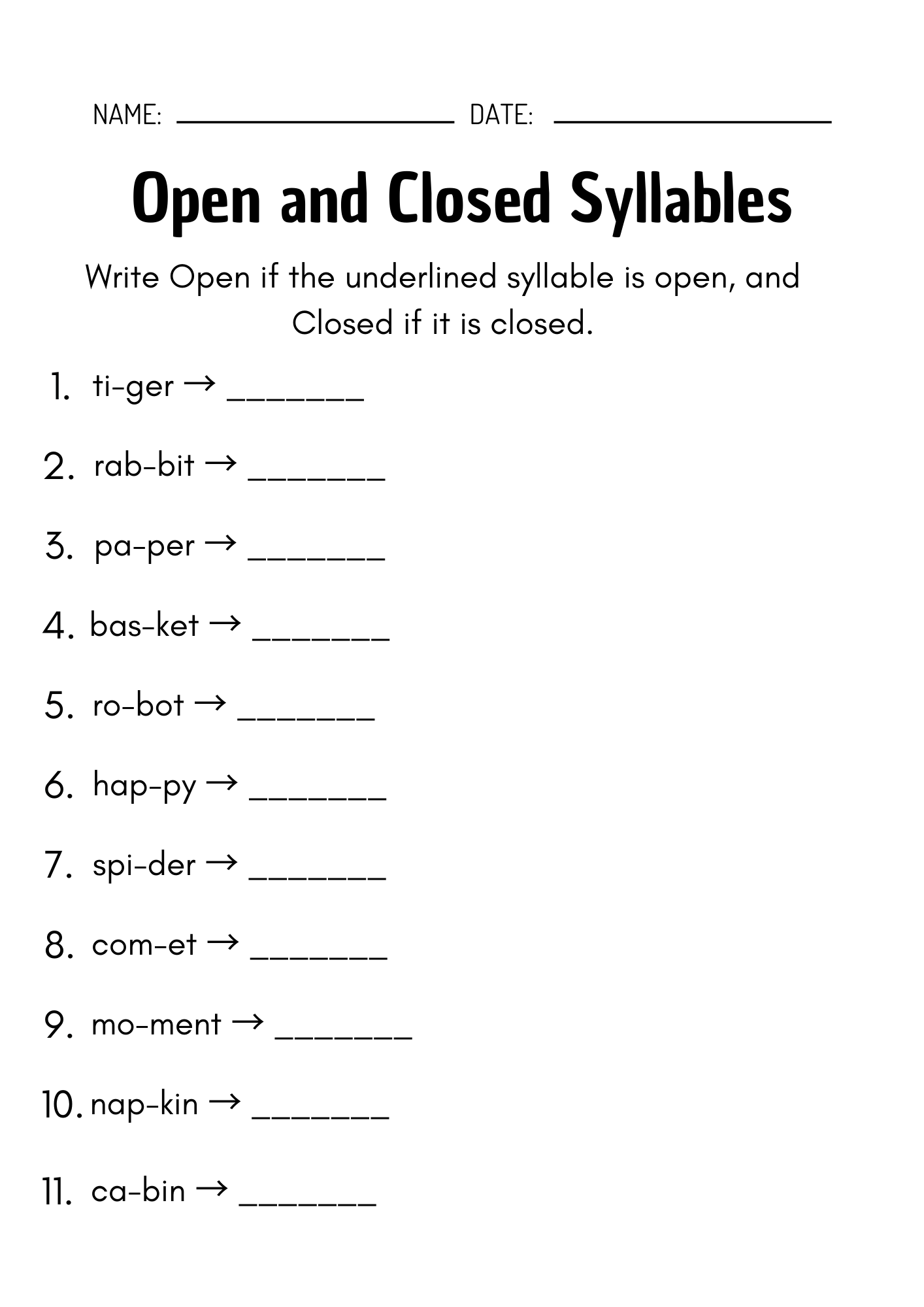 open and closed syllables worksheets
