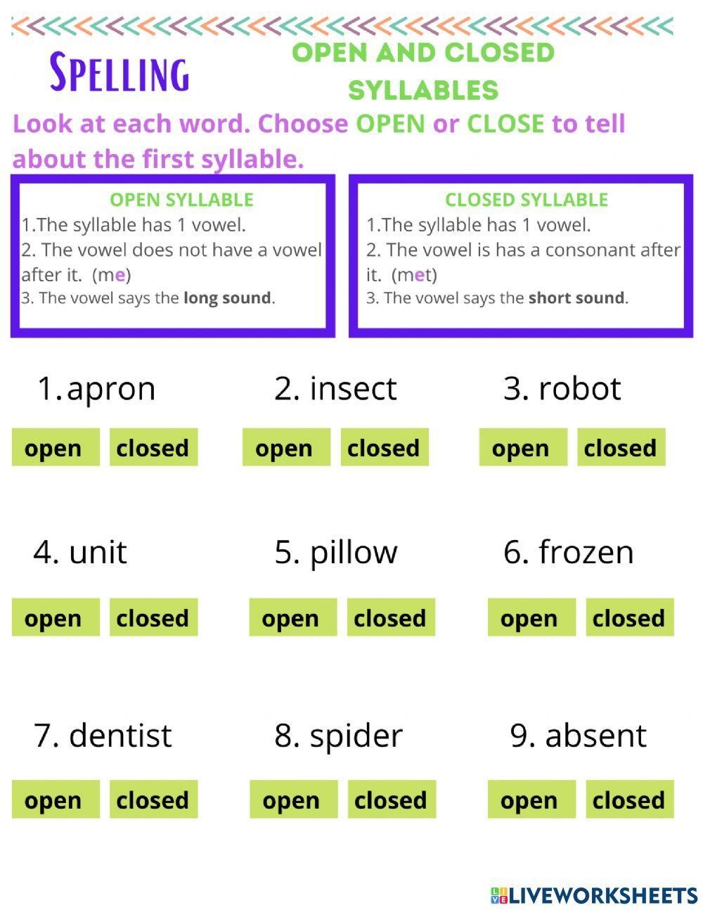 Open And Closed Syllables Online Exercise Live Worksheets Worksheets Library