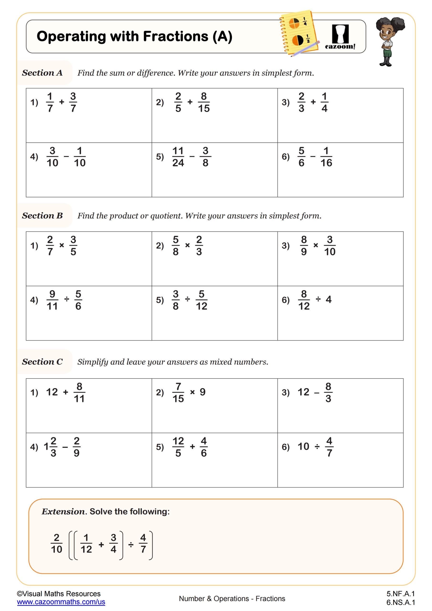 Operations With Fractions A Worksheet 5th Grade PDF Worksheets Cazoom Math