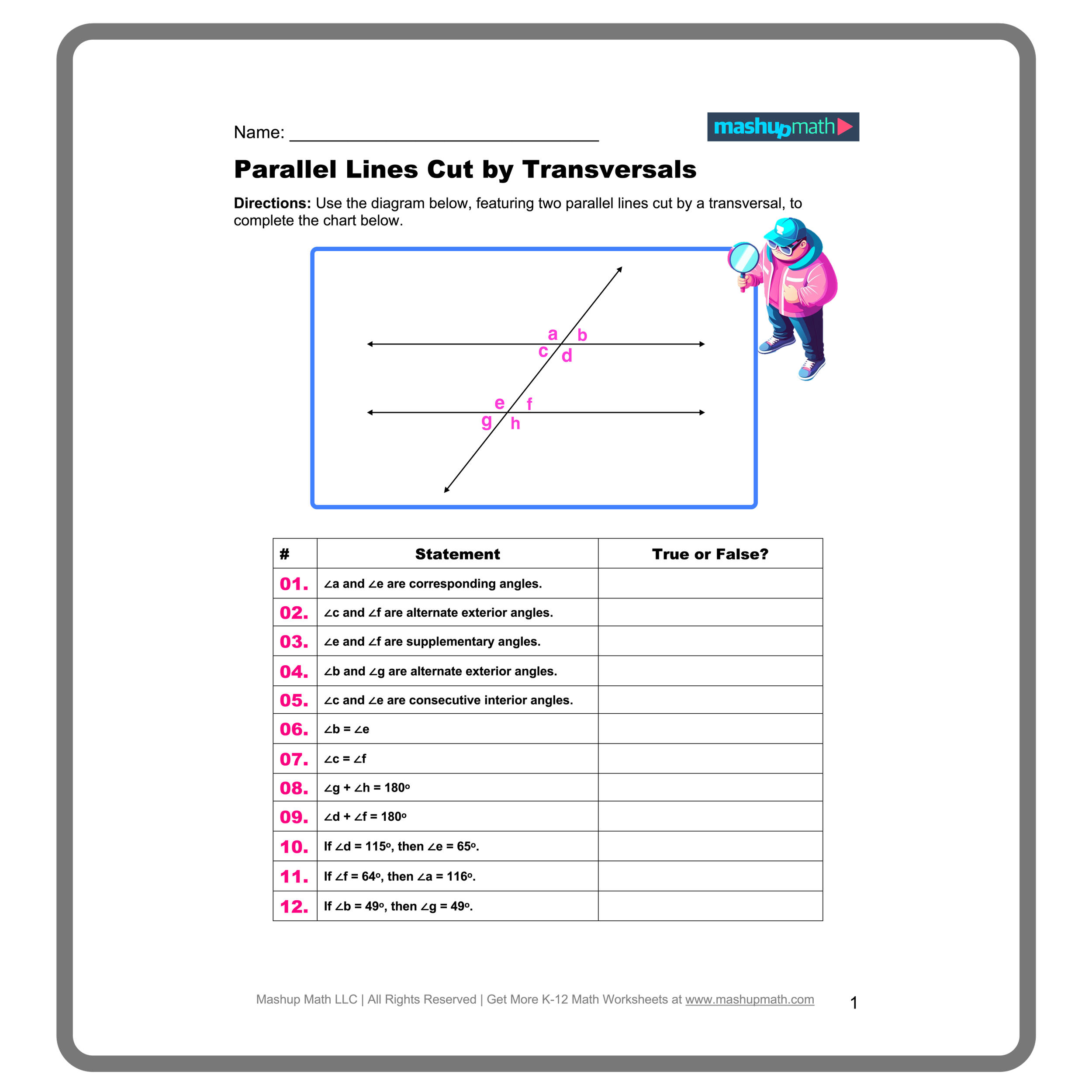 parallel lines cut by a transversal worksheet