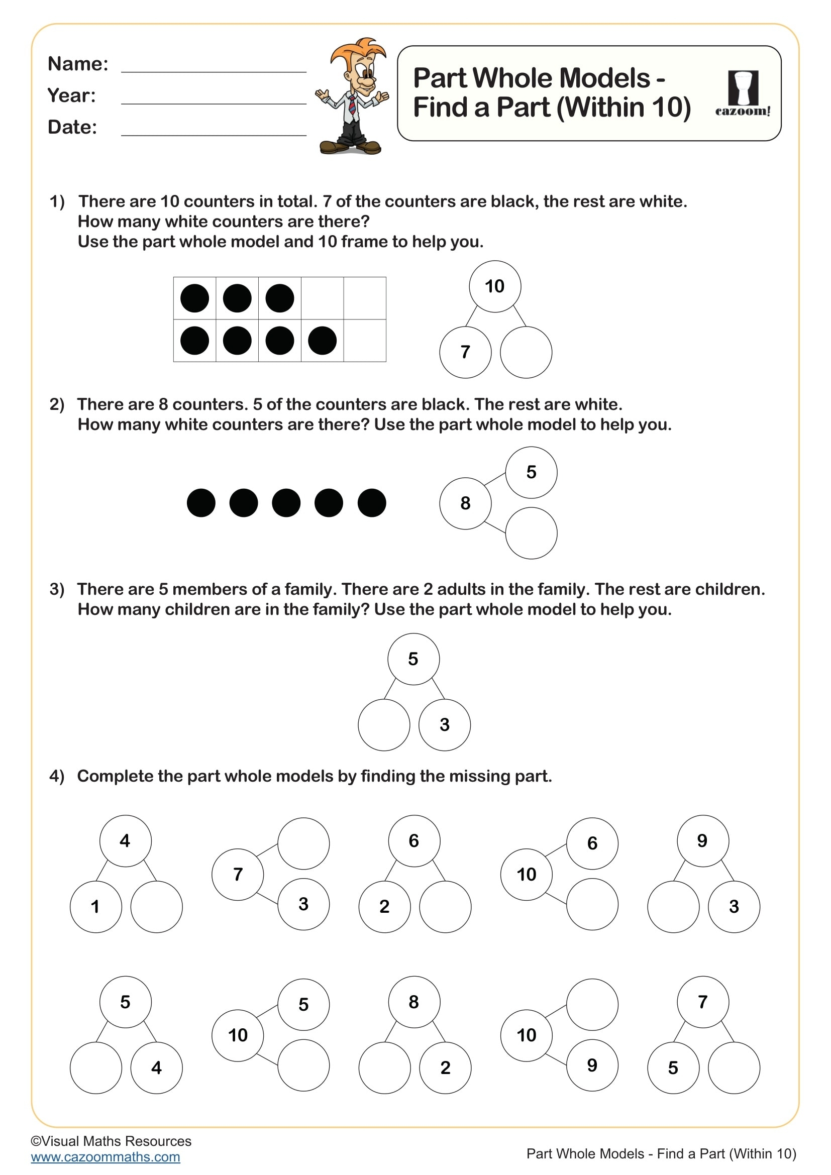 Part Whole Models Find A Part Within 10 Worksheet Printable PDF Year 1 Subtraction Worksheet Part Whole Models Find A Part Within 10 Worksheet Printable PDF Year 1 Subtraction Worksheet