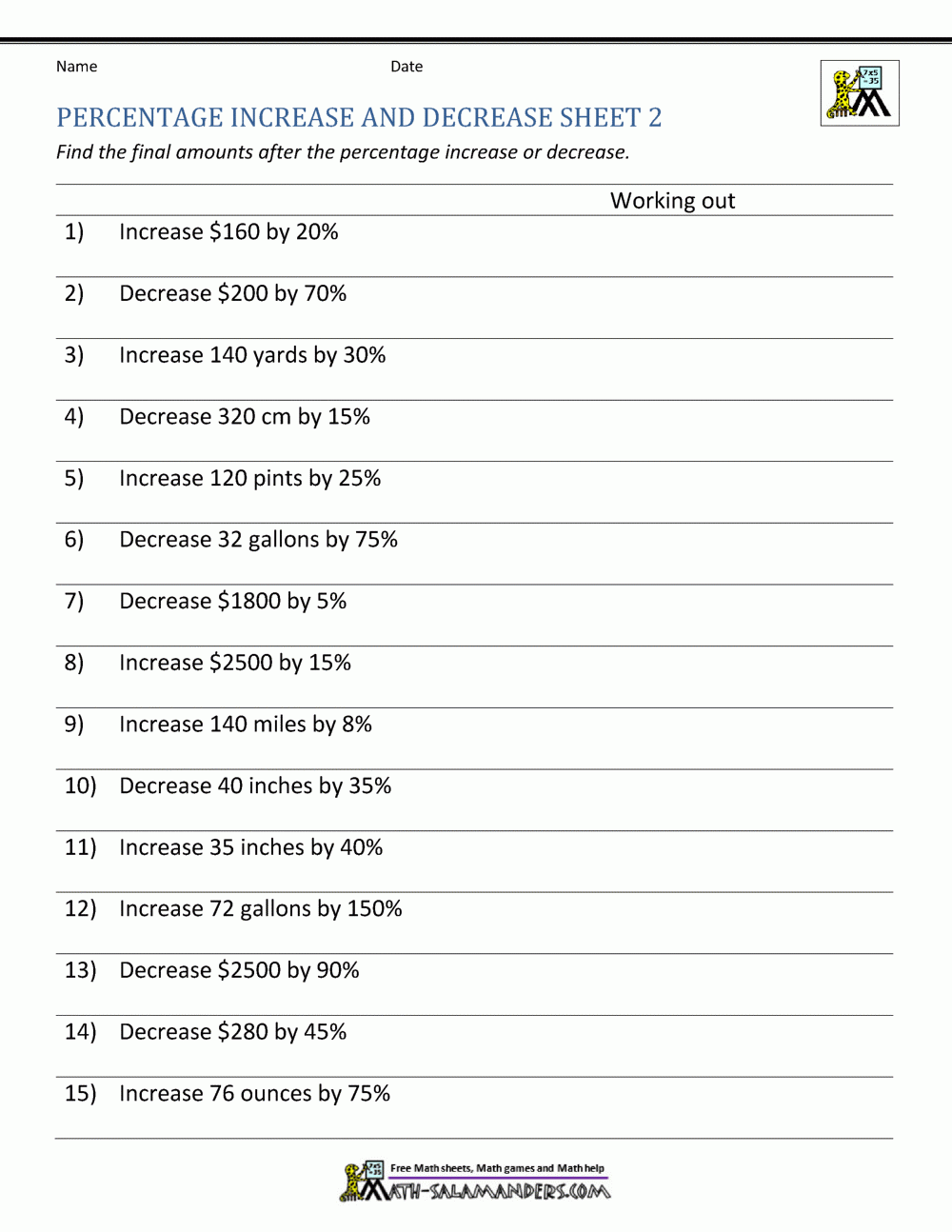 Percentage Increase And Decrease Worksheets