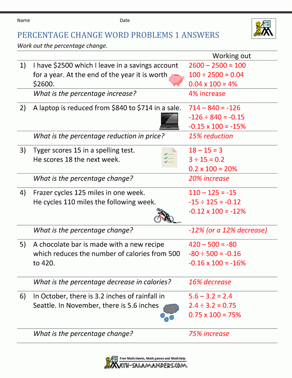 percent of change worksheet percent of change worksheet