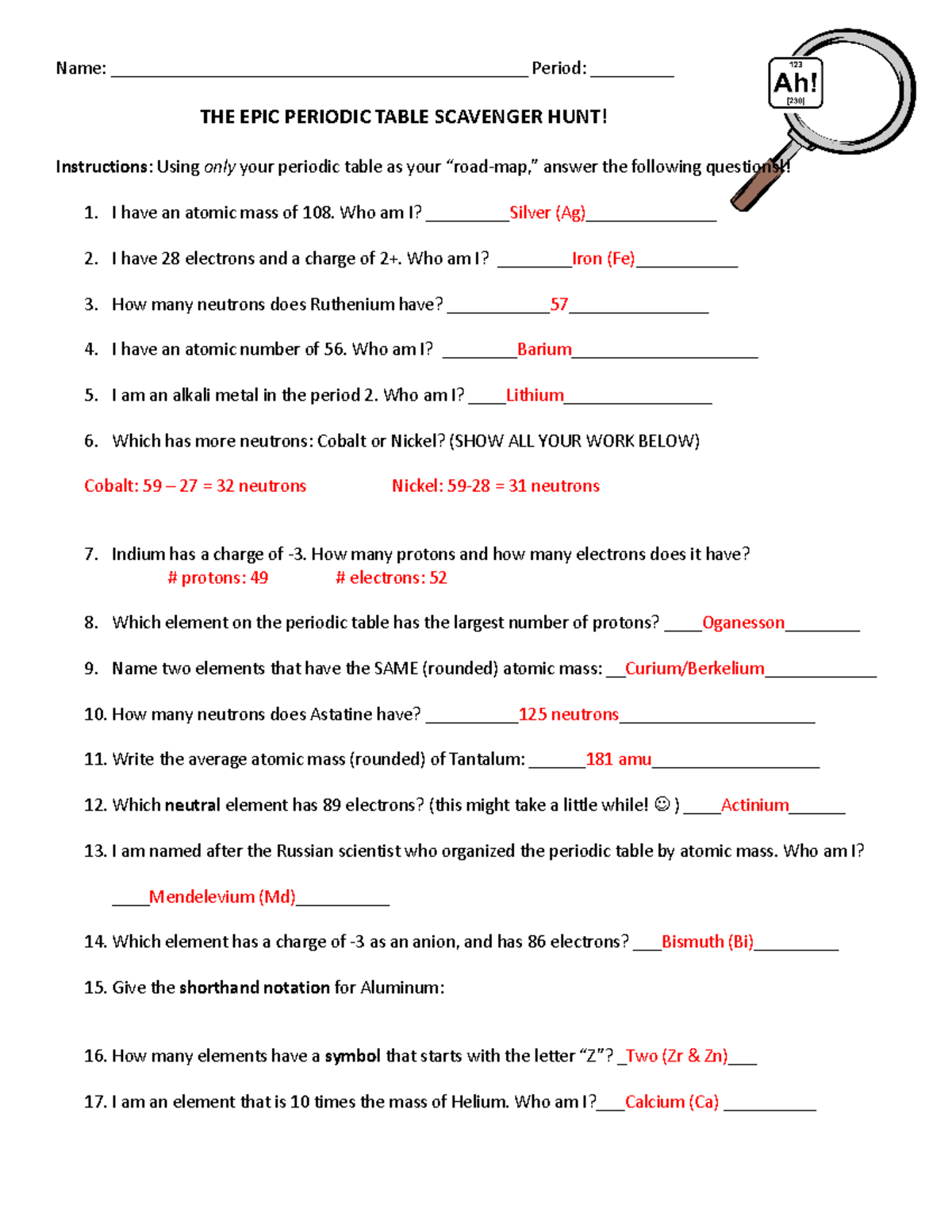 Periodic Table Scavenger Hunt Answer Key For Chemistry 101 Studocu