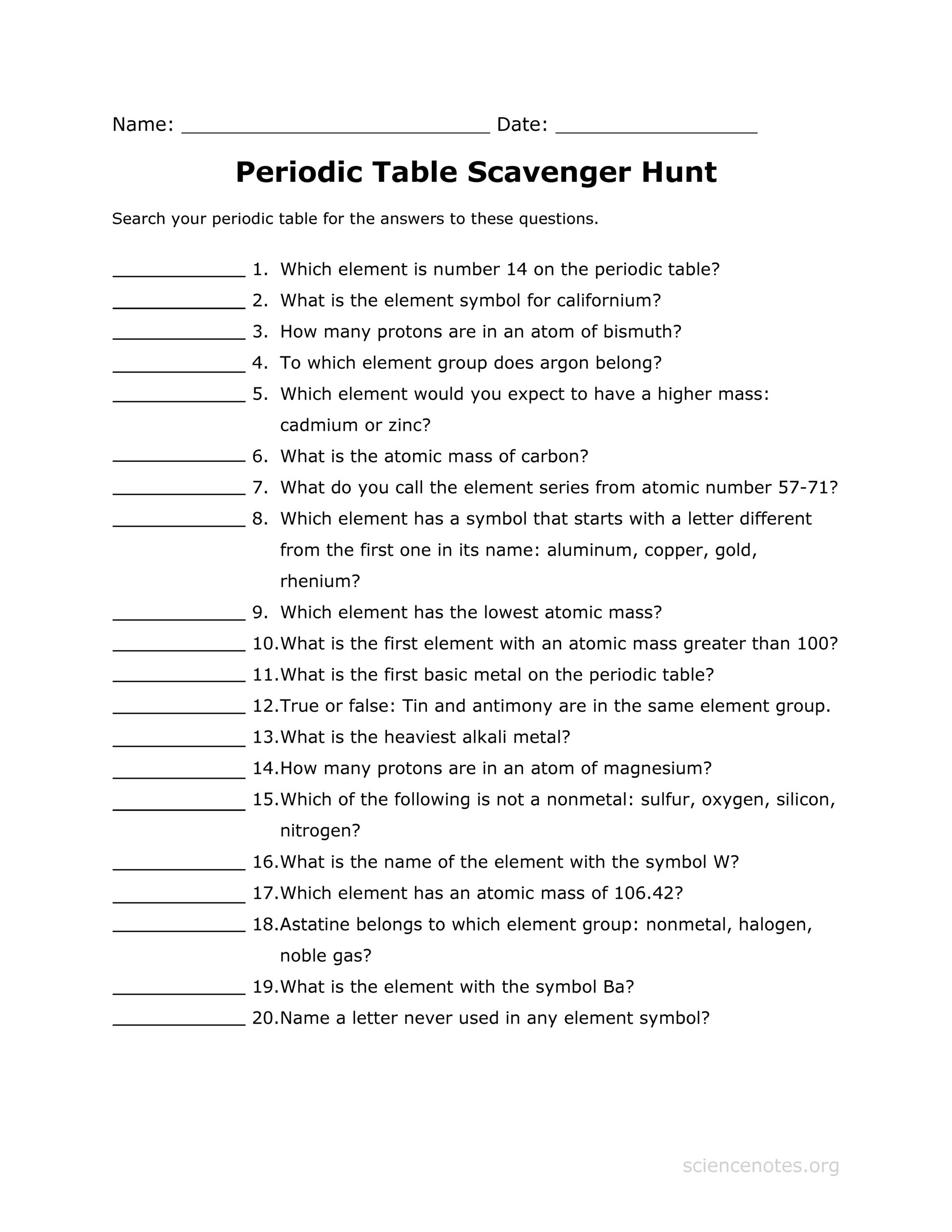 Periodic Table Scavenger Hunt Worksheet