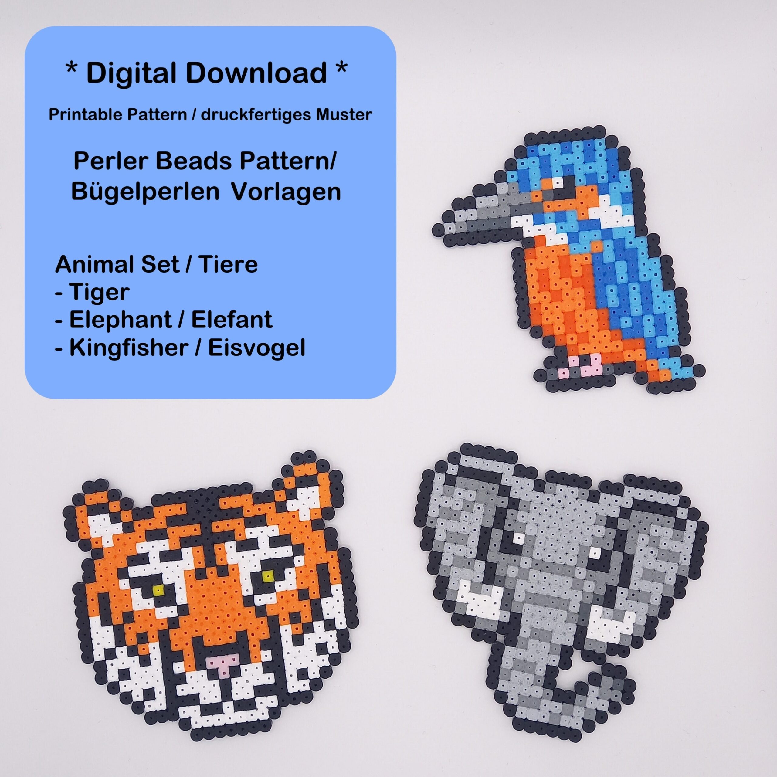 Perler Bead Pattern Printable Iron on Bead Templates Digital File Animals Tiger Elephant Kingfisher Zoo Etsy