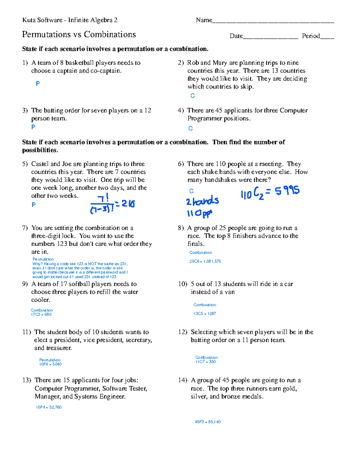 permutation or combination worksheet permutation or combination worksheet