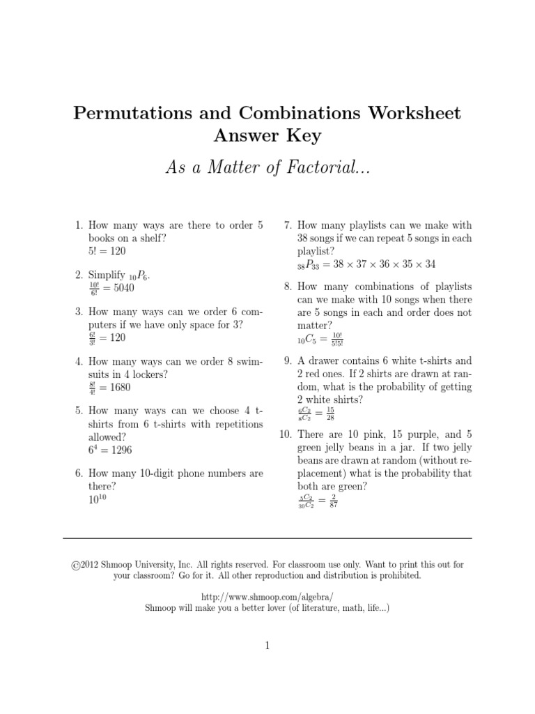 Permutations And Combinations Worksheet Answer Key As A Matter Of Worksheets Library