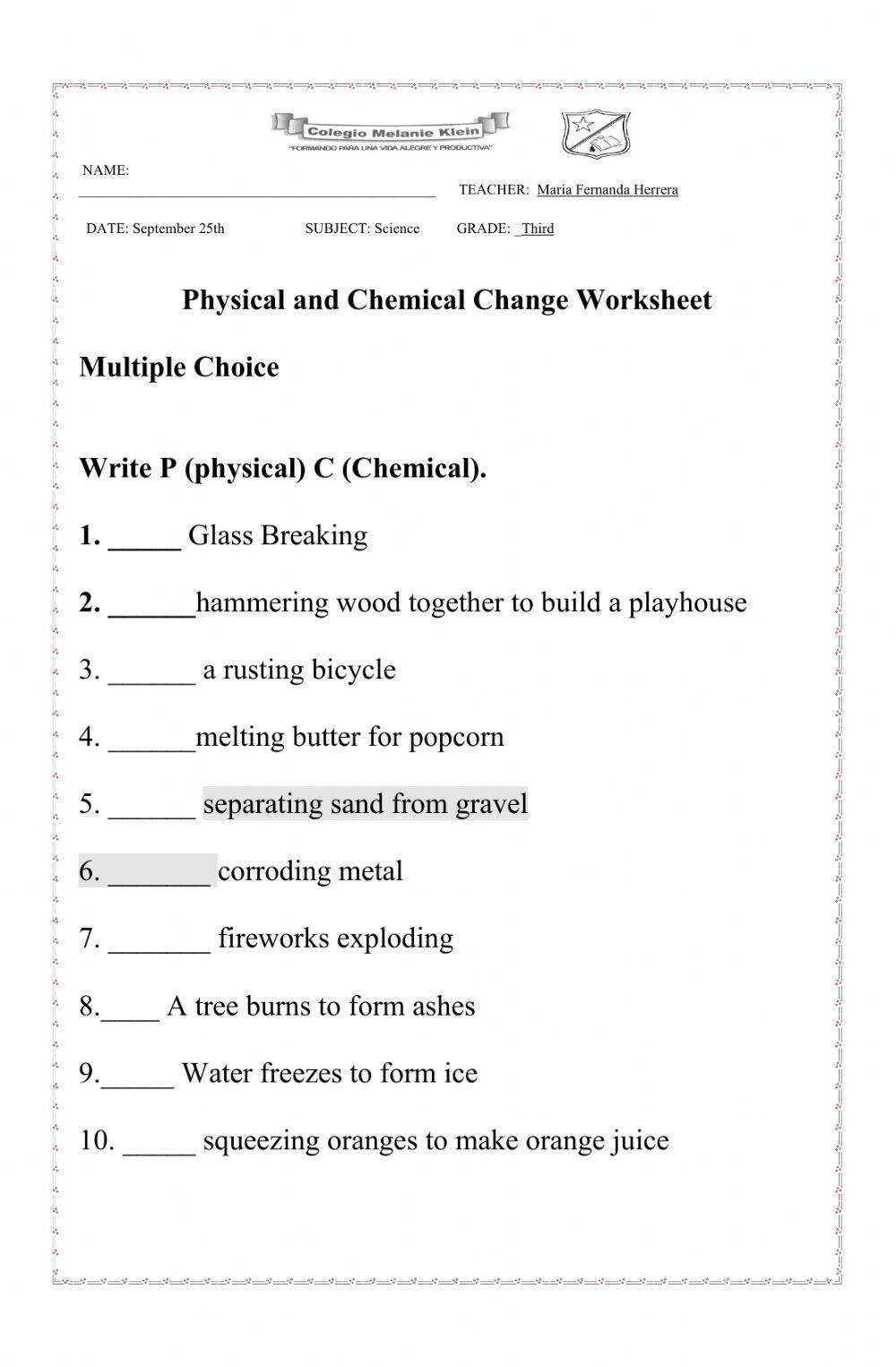 Physical And Chemical Changes Online Exercise Live Worksheets Worksheets Library Physical And Chemical Changes Online Exercise Live Worksheets Worksheets Library