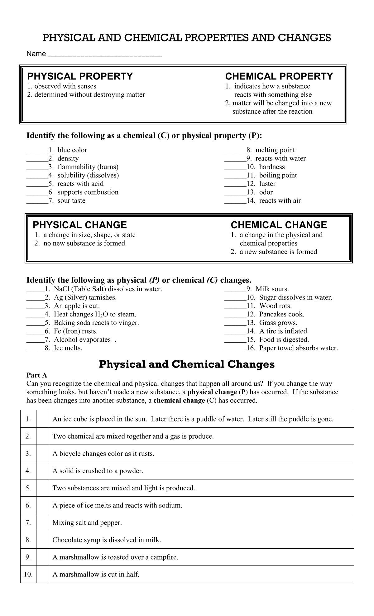Physical And Chemical Changes Worksheet pdf