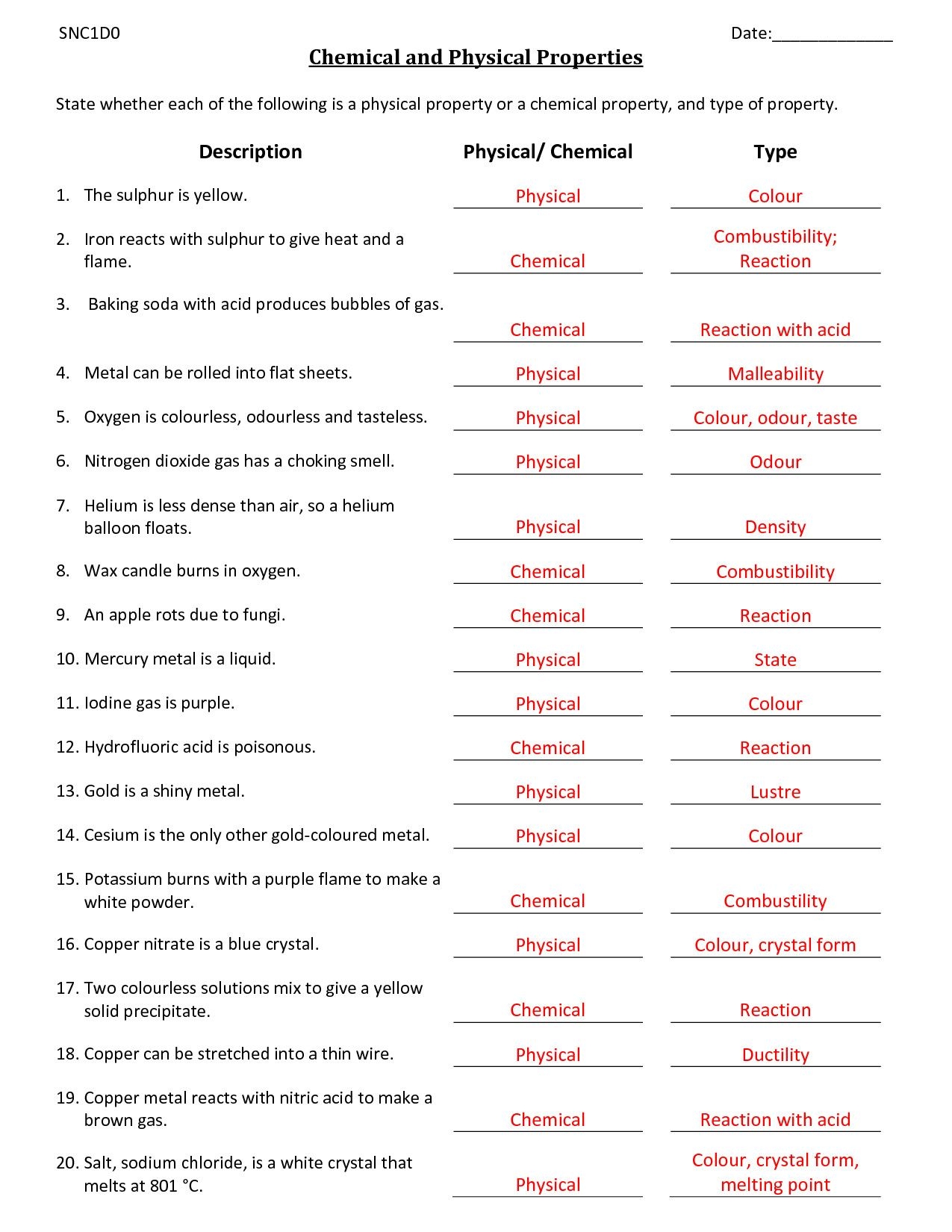 physical and chemical changes worksheet physical and chemical changes worksheet