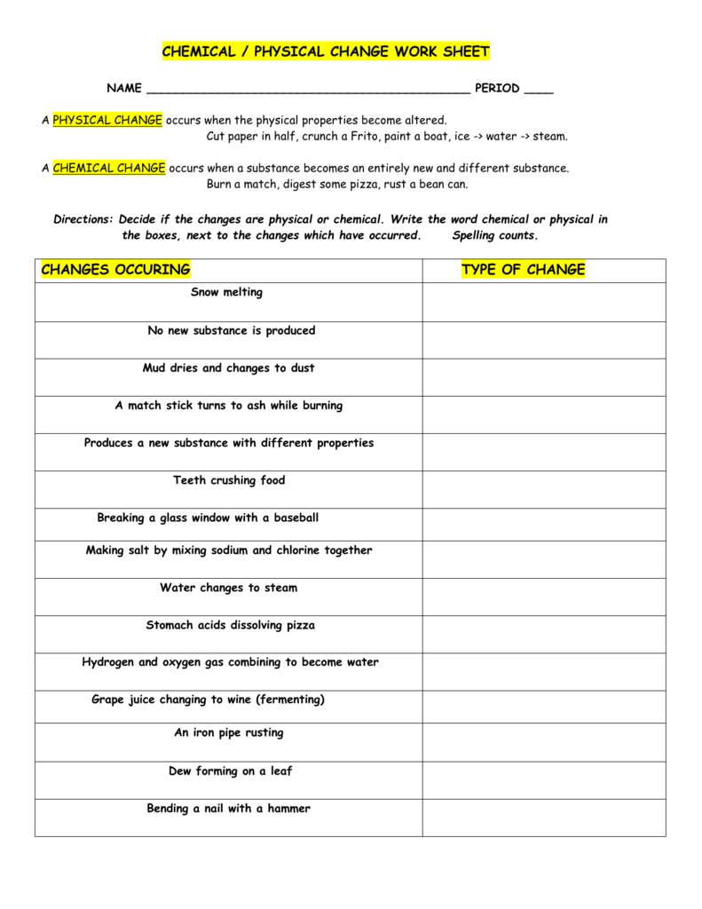 physical or chemical change worksheet physical or chemical change worksheet